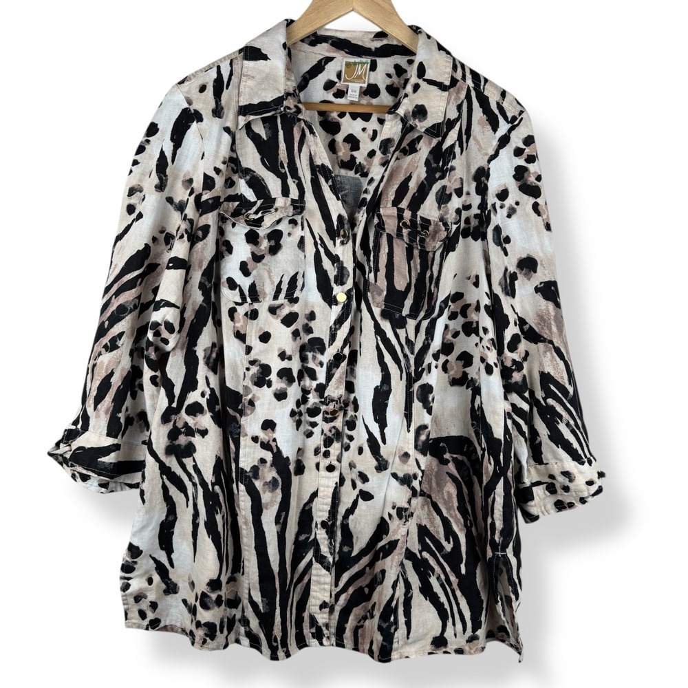 JM Collection 100% Linen Button Top Womens Plus Size 16 W Animal Print Lagenlook